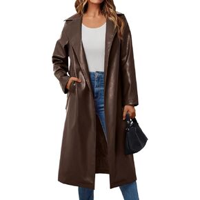 Trendy Queen Womens Long Leather Jackets Trench Coat Blazer Lapel Faux Open Front with Belt