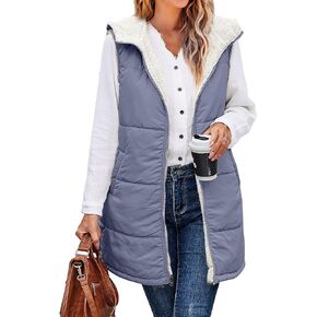 XIEERDUO Long Puffer Vest Women Outerwear Reversible Fleece 2024 Fall Winter Warm Sleeveless Zip Up Hoodie Coat with Pockets