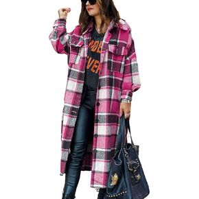 Omoone Women's Flannel Plaid Shacket Fall Oversized Long Button Down Shirt Jacket Shackets in Kuwait