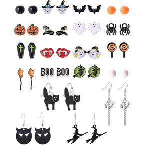 أقراط الهالوين للنساء، 20 زوجًا من مجوهرات الهالوين المضادة للحساسية، مجموعة لطيفة على شكل قرع الخفافيش والهيكل العظمي الرعب شبح العنكبوت الساحرة قرط قطة سوداء للفتيات مضحكة حلق متدلي للهالوين in Kuwait