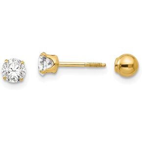 14K Solid Yellow Gold Reversible Cubic Zirconia CZ 4mm Ball Stud Earrings