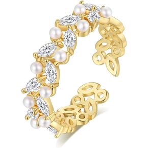 Adjustable Cubic Zirconia Pearl Finger Rings for Women Gold,Leaf Stackbale Ring.