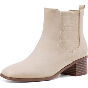 GENSHUO Women's Boots Ankle Booties Chelsea Low Chunky Heel Square Toe Winter Fall Leather Suede Dress Shoes Slip On Fashion Comfortable Work Casual