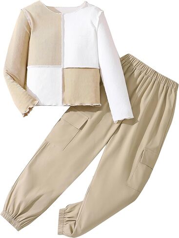 Hilinker Girl's Color Block 2 Piece Outfits Ribbed Long Sleeve Top and Cargo Pants Set in Kuwait