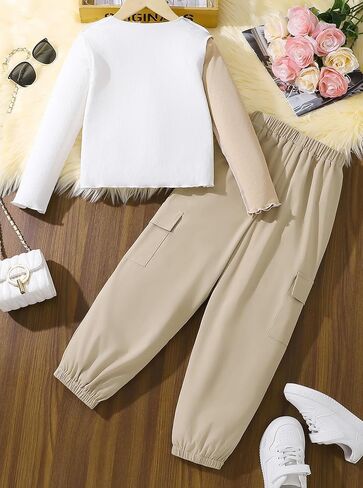 Hilinker Girl's Color Block 2 Piece Outfits Ribbed Long Sleeve Top and Cargo Pants Set in Kuwait