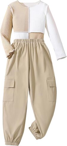 Hilinker Girl's Color Block 2 Piece Outfits Ribbed Long Sleeve Top and Cargo Pants Set in Kuwait