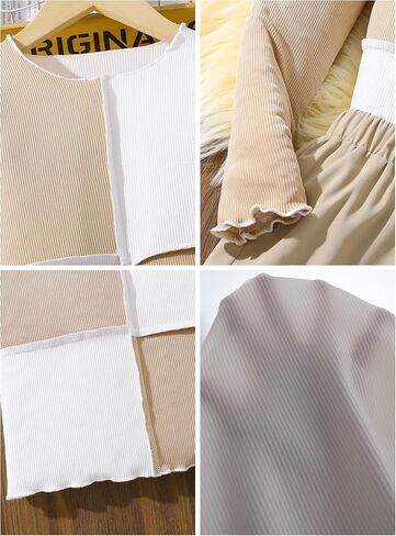 Hilinker Girl's Color Block 2 Piece Outfits Ribbed Long Sleeve Top and Cargo Pants Set in Kuwait