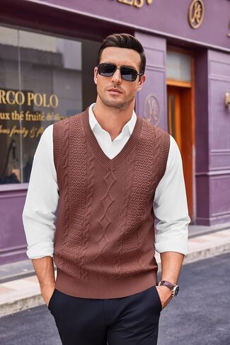 Runcati Mens V Neck Sweater Vest Casual Cable Knitted Pullover Knitwear Slim Fit Sleeveless Sweaters in Kuwait