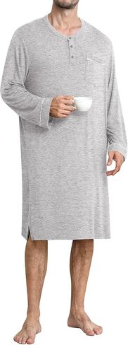 SWOMOG Men's Nightshirt Long Sleeve Nightgown Soft Loose Sleepwear Comfy Big & Tall Henley Sleep Shirt for Sleeping S-XXL in Kuwait