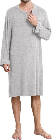 SWOMOG Men's Nightshirt Long Sleeve Nightgown Soft Loose Sleepwear Comfy Big & Tall Henley Sleep Shirt for Sleeping S-XXL in Kuwait