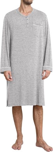 SWOMOG Men's Nightshirt Long Sleeve Nightgown Soft Loose Sleepwear Comfy Big & Tall Henley Sleep Shirt for Sleeping S-XXL in Kuwait