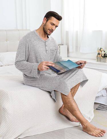 SWOMOG Men's Nightshirt Long Sleeve Nightgown Soft Loose Sleepwear Comfy Big & Tall Henley Sleep Shirt for Sleeping S-XXL in Kuwait