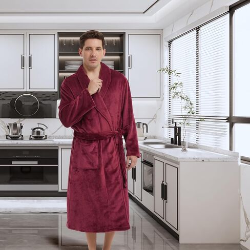 Fleece Men's Bathrobe,Long Warm Men's Bathrobe,Men's Spa Bathrobe with Belt and 2 Pockets in Saudi Arabia