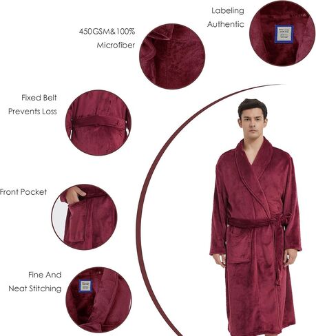 Fleece Men's Bathrobe,Long Warm Men's Bathrobe,Men's Spa Bathrobe with Belt and 2 Pockets in Saudi Arabia