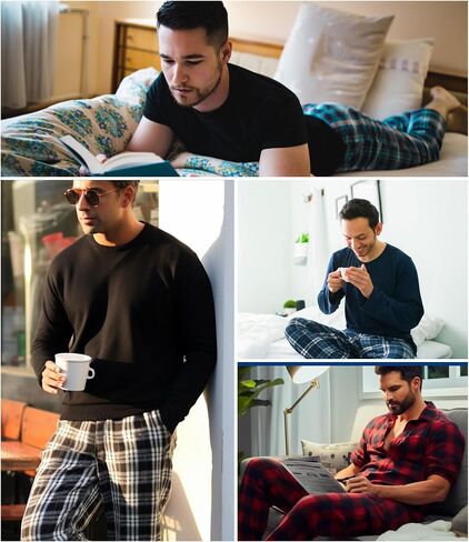 4 Pack Men' s Flannel Pajama Pants Plaid PJ Bottoms Soft Warm Cotton Lounge Sleepwear with Pockets in Kuwait