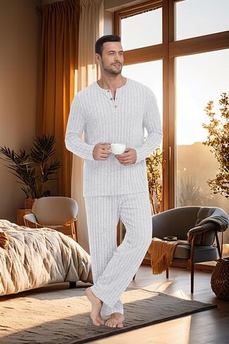 PrinStory Men's Pajama Set Soft Long Sleeve Shirts and Pants Loose Relaxing Warm Sleep Sets in Saudi Arabia