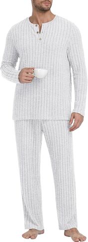 PrinStory Men's Pajama Set Soft Long Sleeve Shirts and Pants Loose Relaxing Warm Sleep Sets in Saudi Arabia