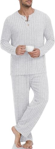 PrinStory Men's Pajama Set Soft Long Sleeve Shirts and Pants Loose Relaxing Warm Sleep Sets in Saudi Arabia