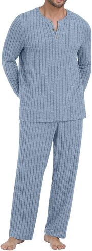 PrinStory Men's Pajama Set Soft Long Sleeve Shirts and Pants Loose Relaxing Warm Sleep Sets in Saudi Arabia