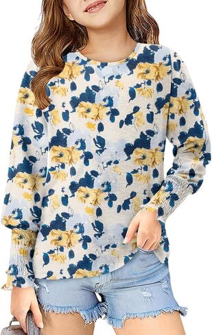 Yoklass Girls Long Sleeve Shirts Casual Loose Fit Tops Smocked Cuff Blouses 4-13 Years in Saudi Arabia
