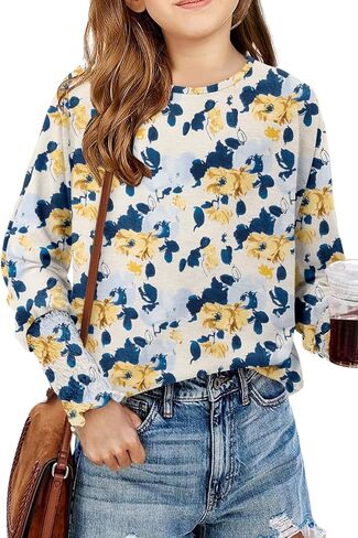 Yoklass Girls Long Sleeve Shirts Casual Loose Fit Tops Smocked Cuff Blouses 4-13 Years in Saudi Arabia