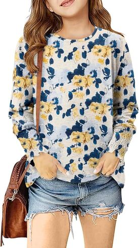 Yoklass Girls Long Sleeve Shirts Casual Loose Fit Tops Smocked Cuff Blouses 4-13 Years in Saudi Arabia