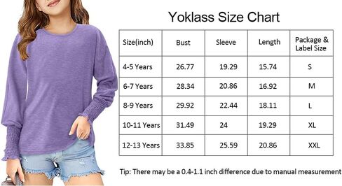 Yoklass Girls Long Sleeve Shirts Casual Loose Fit Tops Smocked Cuff Blouses 4-13 Years in Saudi Arabia