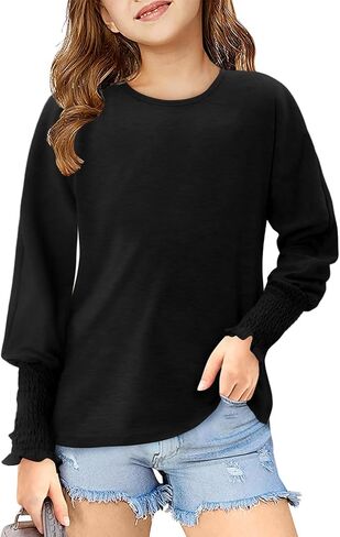 Yoklass Girls Long Sleeve Shirts Casual Loose Fit Tops Smocked Cuff Blouses 4-13 Years in Saudi Arabia