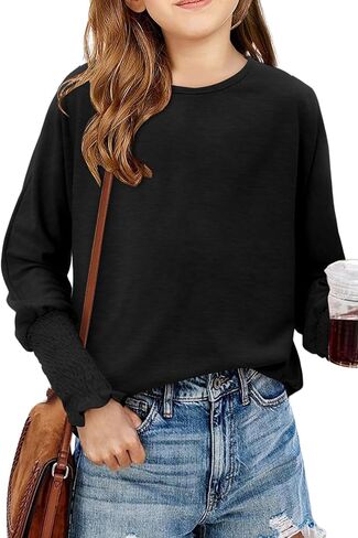 Yoklass Girls Long Sleeve Shirts Casual Loose Fit Tops Smocked Cuff Blouses 4-13 Years in Saudi Arabia