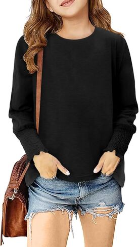 Yoklass Girls Long Sleeve Shirts Casual Loose Fit Tops Smocked Cuff Blouses 4-13 Years in Saudi Arabia