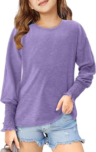 Yoklass Girls Long Sleeve Shirts Casual Loose Fit Tops Smocked Cuff Blouses 4-13 Years in Saudi Arabia