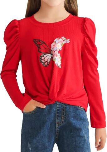 Girls Puff Long Sleeve Shirts Twist Front Lightweight T Shirt Kids Stylish Fall Tops Tee Blouse for Girls in Saudi Arabia