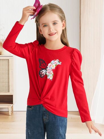 Girls Puff Long Sleeve Shirts Twist Front Lightweight T Shirt Kids Stylish Fall Tops Tee Blouse for Girls in Saudi Arabia