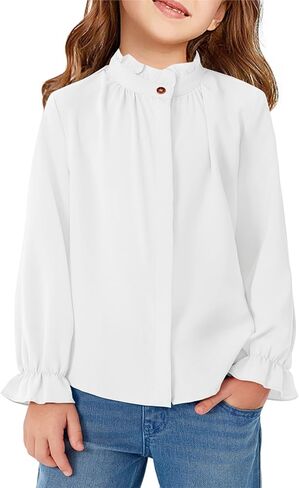 Haloumoning Girls Ruffle Long Sleeve Blouse Kids Button Down Uniform Dress Shirts 5-14 Years in Saudi Arabia
