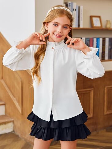 Haloumoning Girls Ruffle Long Sleeve Blouse Kids Button Down Uniform Dress Shirts 5-14 Years in Saudi Arabia