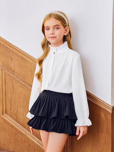 Haloumoning Girls Ruffle Long Sleeve Blouse Kids Button Down Uniform Dress Shirts 5-14 Years in Saudi Arabia