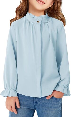 Haloumoning Girls Ruffle Long Sleeve Blouse Kids Button Down Uniform Dress Shirts 5-14 Years in Saudi Arabia