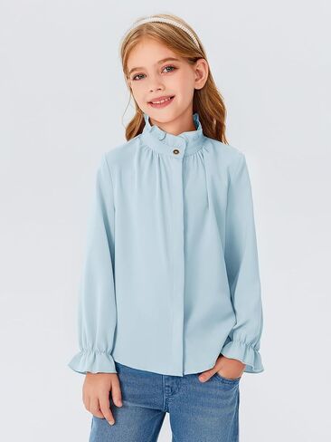 Haloumoning Girls Ruffle Long Sleeve Blouse Kids Button Down Uniform Dress Shirts 5-14 Years in Saudi Arabia