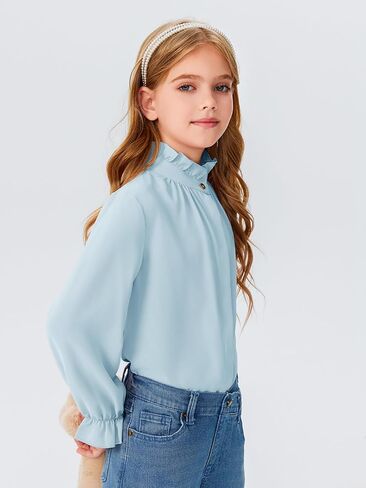 Haloumoning Girls Ruffle Long Sleeve Blouse Kids Button Down Uniform Dress Shirts 5-14 Years in Saudi Arabia