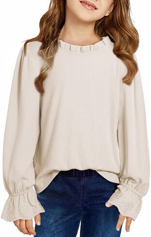 Cute Shirts for Girls Ruffle Long Sleeve Crewneck Ribbed Knit Blouses Tops 6-15 Years in Saudi Arabia