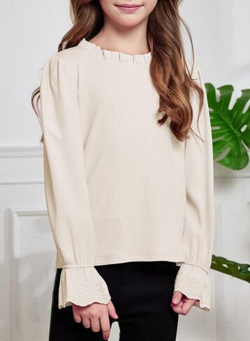 Cute Shirts for Girls Ruffle Long Sleeve Crewneck Ribbed Knit Blouses Tops 6-15 Years in Saudi Arabia