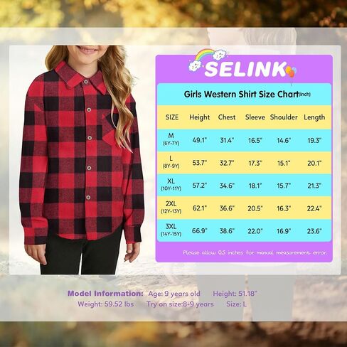 SELINK Girls Long Sleeve Flannel Shirt Kids Buffalo Plaid Button Down Shirt Casual Cute Flannel Blouse Tops in Saudi Arabia