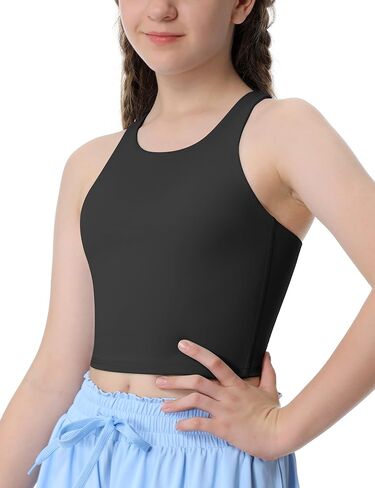 Girls Tank Tops Double Lined Crop Tops for Kids High Crew Neck Racerback Basic Sleeveless Dance Top for Girls in Kuwait