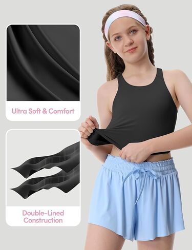 Girls Tank Tops Double Lined Crop Tops for Kids High Crew Neck Racerback Basic Sleeveless Dance Top for Girls in Kuwait