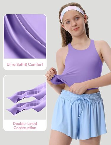 Girls Tank Tops Double Lined Crop Tops for Kids High Crew Neck Racerback Basic Sleeveless Dance Top for Girls in Kuwait