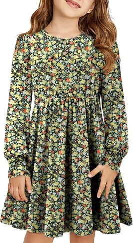 Yoklass Girls Casual Dress Long Sleeve Smocked Cuff Button Loose Fit Dresses 4-13 Years in Kuwait