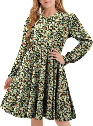 Yoklass Girls Casual Dress Long Sleeve Smocked Cuff Button Loose Fit Dresses 4-13 Years in Kuwait