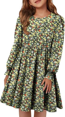 Yoklass Girls Casual Dress Long Sleeve Smocked Cuff Button Loose Fit Dresses 4-13 Years in Kuwait