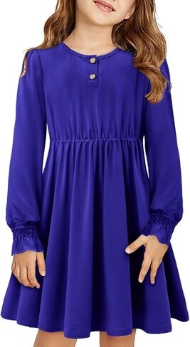 Yoklass Girls Casual Dress Long Sleeve Smocked Cuff Button Loose Fit Dresses 4-13 Years in Kuwait