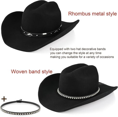 100% Wool Western Cowboy Hat for Men Women Classic Fedora Hat Felt Cowgirls Hats with Two Decorative Bands in Kuwait